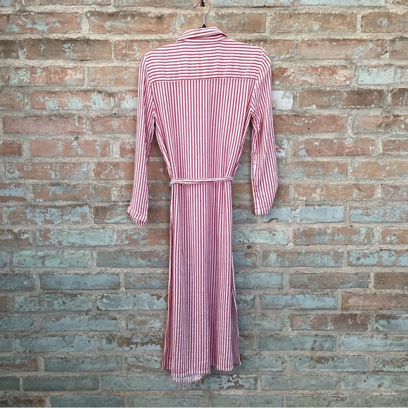Zara Shirt Dress Red White Striped Linen Blend Midi Button Front Shirtdress - Picture 13 of 14